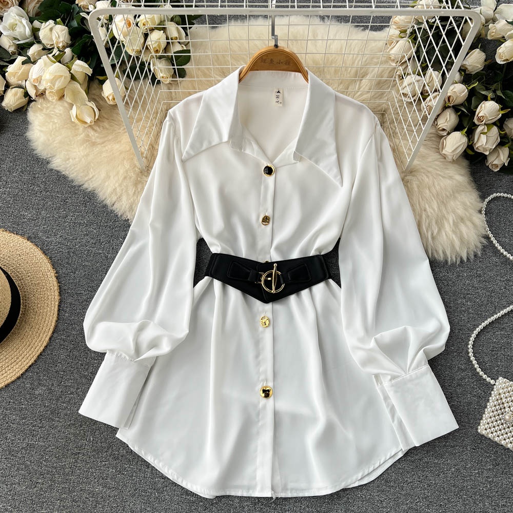 Corset Waist Cinch - فستان قميص أبيض أنيق بأكمام طويلة