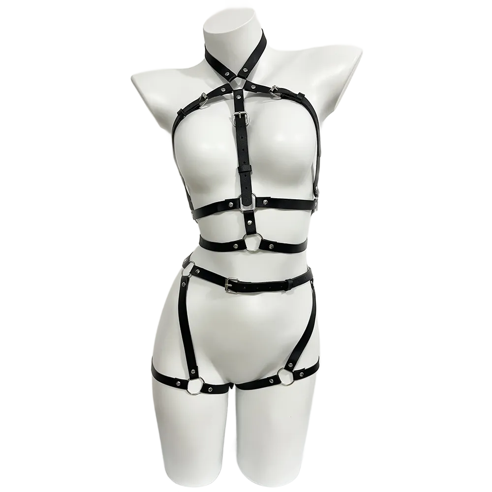 Garter Belt Set - تسخير للنساء بولي Leather جلد الساق