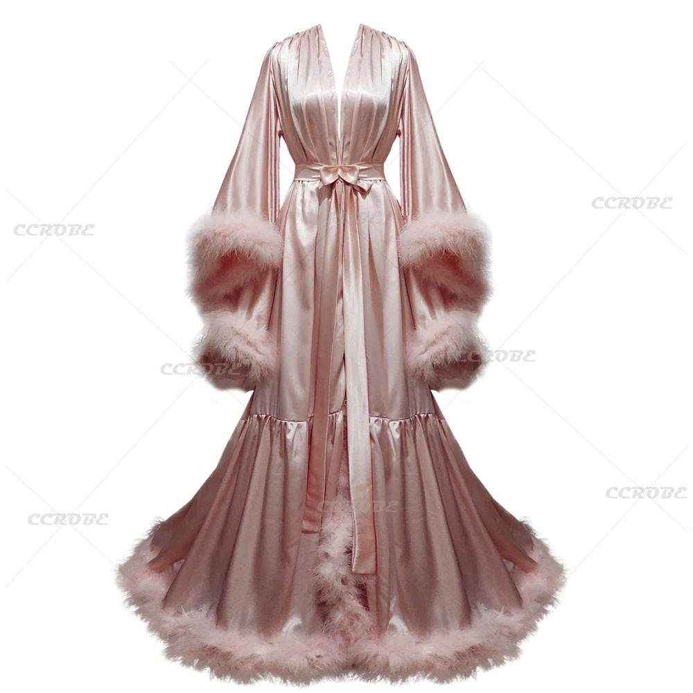 Robe Silk Women - رداء حمام بأكمام مضيئة من الريش