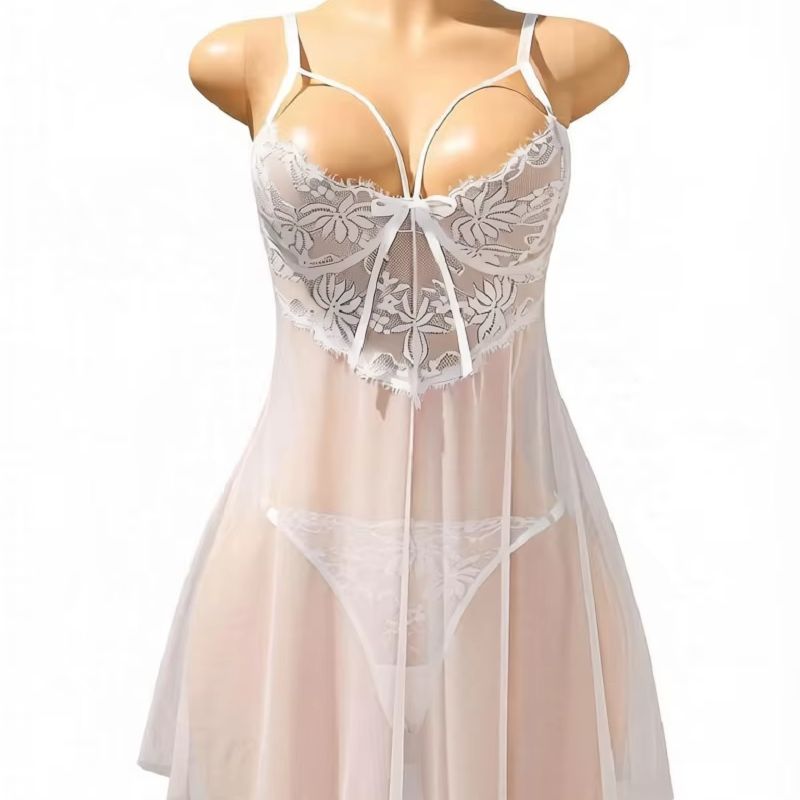 Babydoll Chemise Night - فستان نوم نسائي أبيض من الدانتيل