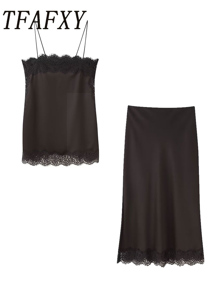 Cami Top Lace - TFAFXY خمر المرأة عادية براون الصلبة