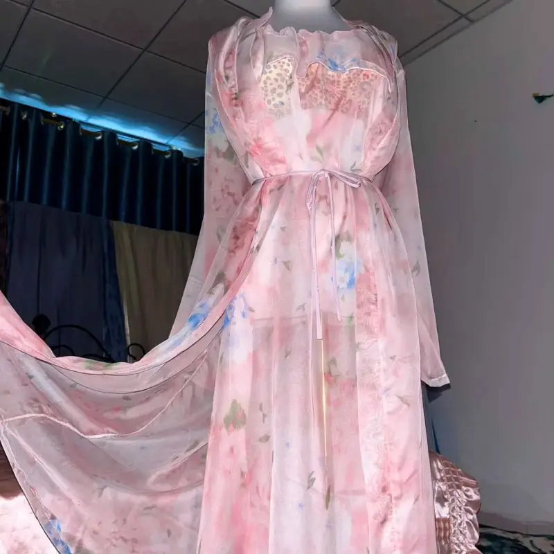 Robe Silk Women - طقم ثوب نوم بحمالات شفاف مطبوع