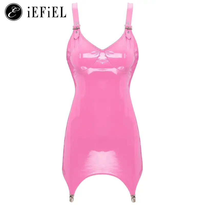 Babydoll Chemise Night - فستان نسائي قصير لامع من الجلد
