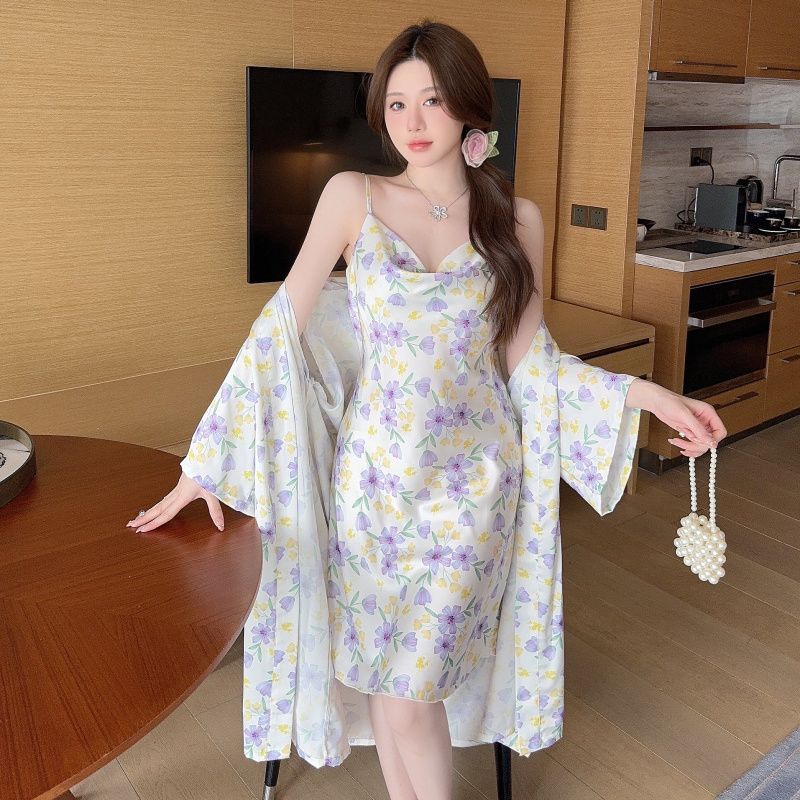 طقم تنورة بحزام خلفي فاخر مطبو - مراجعة Robe Silk Women وسعره