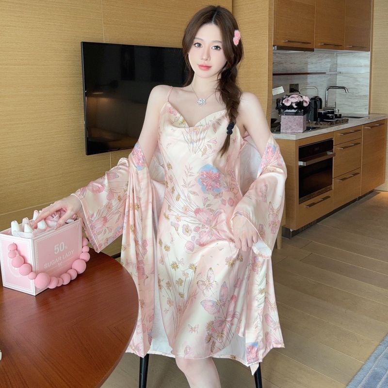 طقم تنورة بحزام خلفي فاخر مطبو - مراجعة Robe Silk Women وسعره
